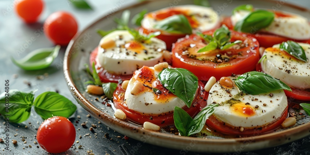 Caprese salad with fresh mozzarella, tomatoes, basil, and pine nuts, presented on a rustic plate, perfect for a healthy meal Caprese salad with fresh mozzarella, tomatoes, basil, and pine nuts, presented on a rustic plate, perfect for a healthy meal