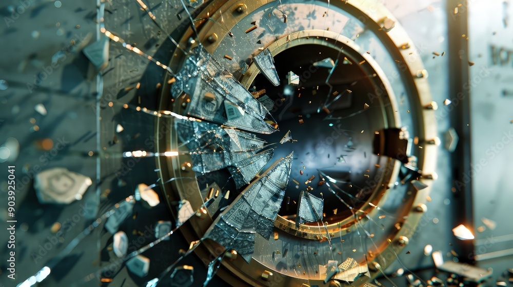 Obraz premium A 3D model of a broken bank vault door with digital fractures, illustrating cybersecurity risks during financial turmoil.