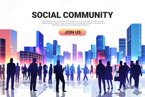 Social community urban people skyline silhouettes Modern cityscape with diverse people silhouettes colorful buildings background
