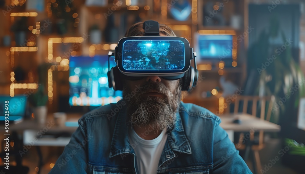 Digital marketer using VR headset with 3D graphics computer, glassless display, 8K quality, detailed environment, highresolution, ultrarealistic, innovative workspace Digital marketer using VR headset with 3D graphics computer, glassless display, 8K quality, detailed environment, highresolution, ultrarealistic, innovative workspace
