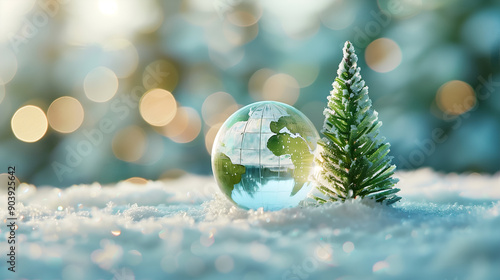 Eco Awareness Christmas Background, Earth Globe and Christmas Snow-Covered Tree, Festive Eco-Friendly Winter Holiday Decoration. photo