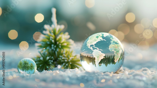 Fototapeta Naklejka Na Ścianę i Meble -  Eco Awareness Christmas Background, Earth Globe and Christmas Snow-Covered Tree, Festive Eco-Friendly Winter Holiday Decoration.
