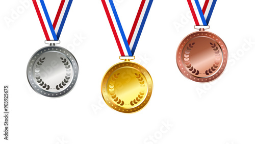 Gold, silver, bronze realistic sport award medals with tricolor ribbon set isolated on white background