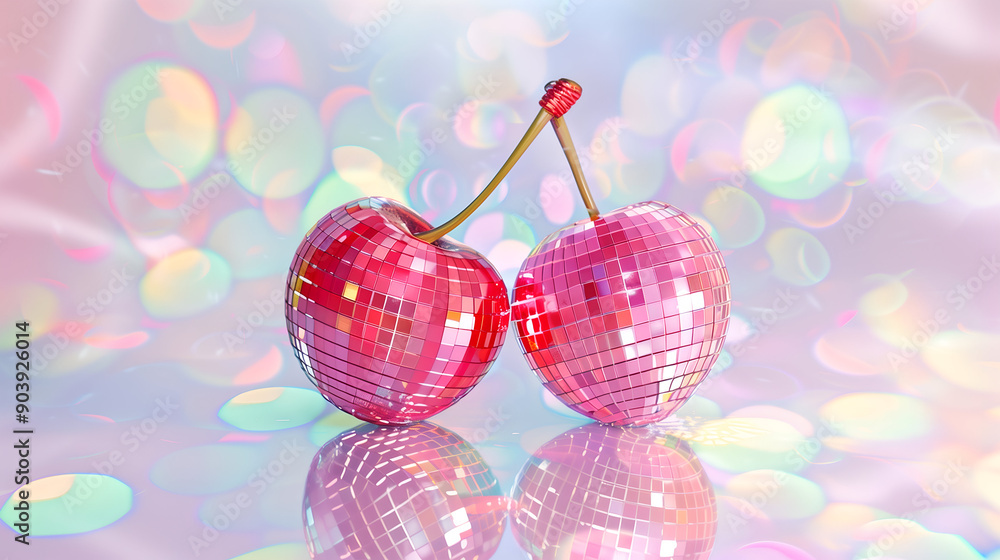 Two Disco Ball Cherries on Pink Backdrop, Fun and Nostalgic Vintage 90s Theme Background, Y2K Nostalgia. Two Disco Ball Cherries on Pink Backdrop, Fun and Nostalgic Vintage 90s Theme Background, Y2K Nostalgia.