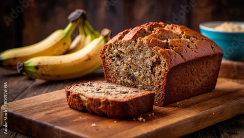 homemade banana bread on wooden table