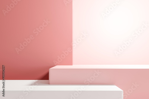 2 step white pink podium on pink background, minimal concept,  showcase for product. 3D render