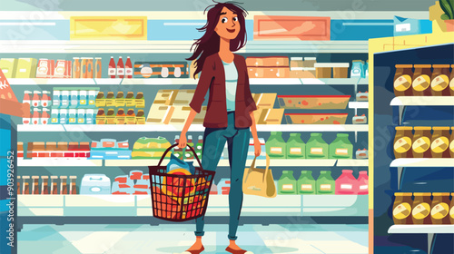 Young Woman Shopping in Supermarket - Professional Business Customer Standing