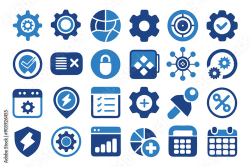 Set of setting and setup icons in blue and white, perfect for customizing your workspace or website. Use these icons to quickly and easily change the look and feel of your settings and setup menus.