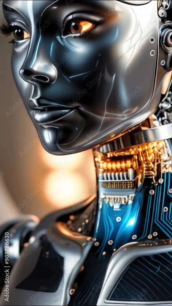 A closeup portrait of a futuristic robot featuring vibrant LED lights in its design A closeup portrait of a futuristic robot featuring vibrant LED lights in its design