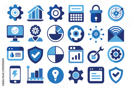 Icons designed to set or to setup come in blue and white.