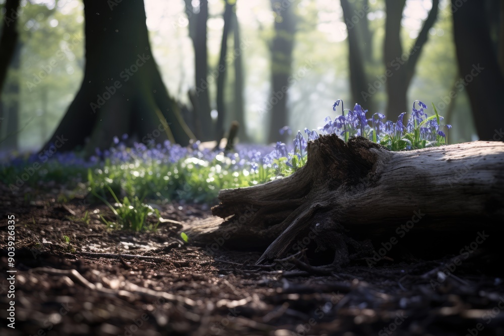A serene forest floor covered with bluebells and a fallen tree trunk in soft light