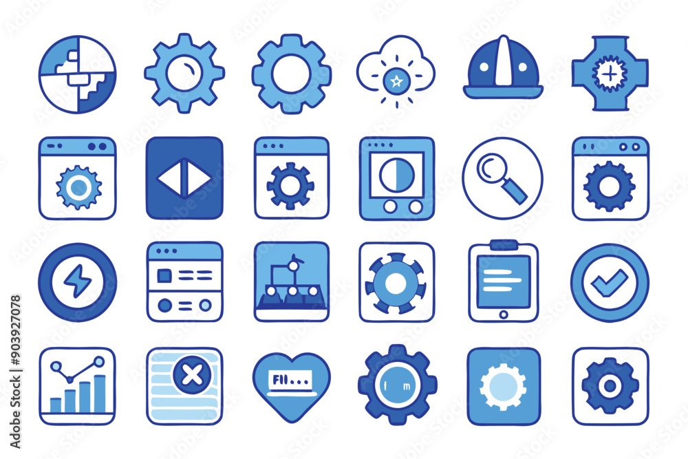 Serene settings with blue and white icons for setups and settings in a design. Serene settings with blue and white icons for setups and settings in a design.