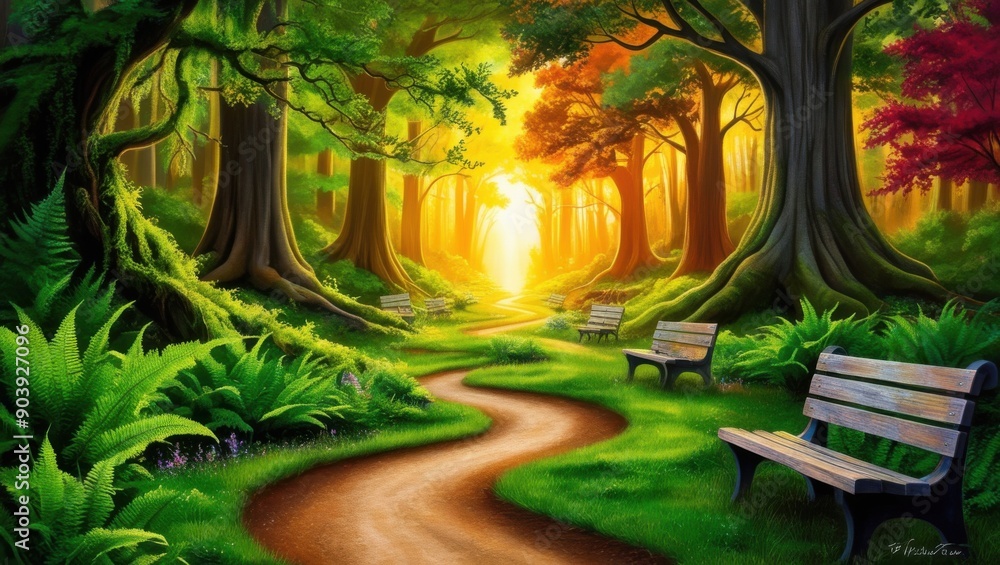 Enchanted Forest Dawn: A whimsical path bathed in golden light invites you into a vibrant fairytale woodland. Enchanted Forest Dawn: A whimsical path bathed in golden light invites you into a vibrant fairytale woodland.