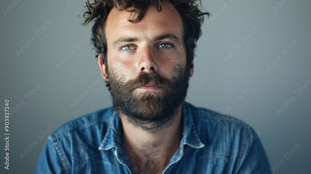 A man with a beard and a blue shirt is looking at the camera. He has a serious expression on his face A man with a beard and a blue shirt is looking at the camera. He has a serious expression on his face