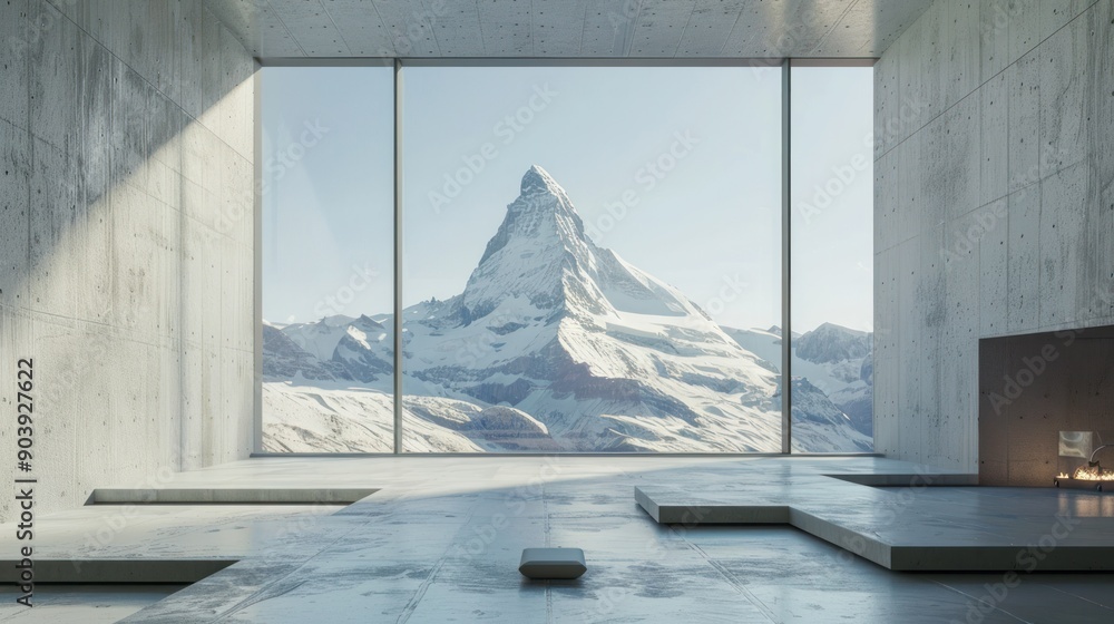 A minimal interior room with concrete walls and floor, a large window view of a mountain peak A minimal interior room with concrete walls and floor, a large window view of a mountain peak