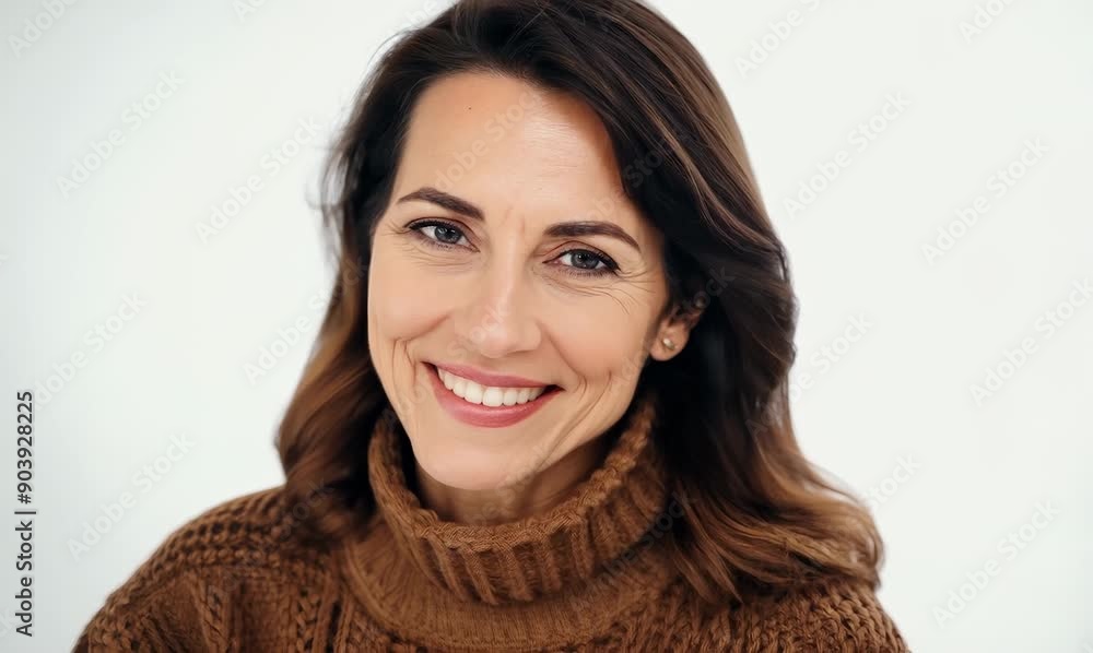 portrait of a confident Polish woman in her 40s wearing a cozy sweater against a white background portrait of a confident Polish woman in her 40s wearing a cozy sweater against a white background