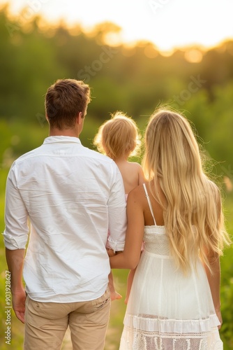 Couple walking with child in sunny field photo