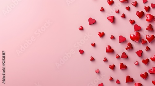 Red heart-shaped confetti on a pink background. Bold and romantic design.