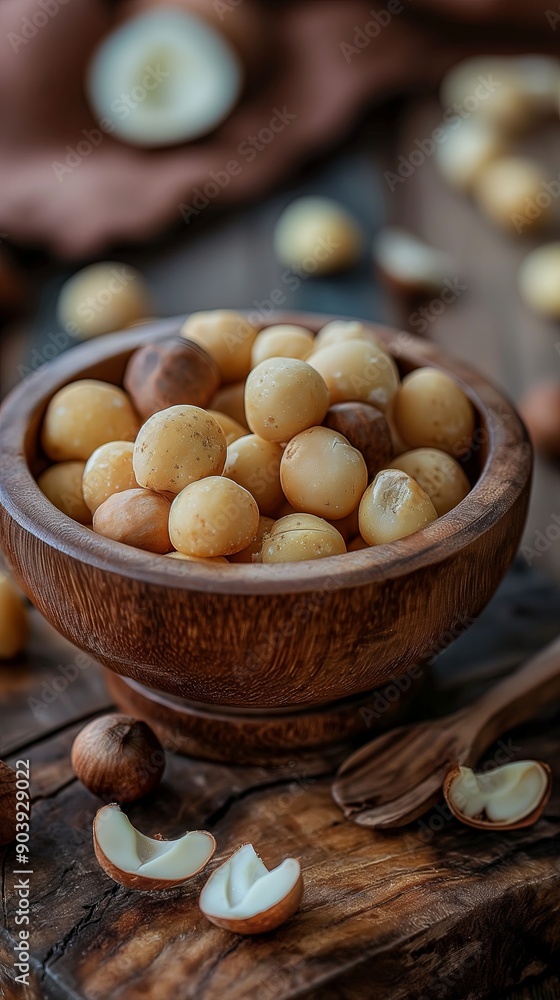 macadamia nuts in wooden bowl on the wooden table with leaves macadamia nuts in wooden bowl on the wooden table with leaves
