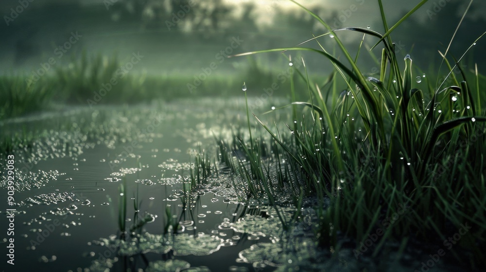 A field of grass with raindrops on it A field of grass with raindrops on it