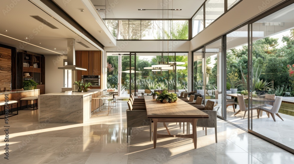 Spacious dining area with large windows and a modern aesthetic, overlooking a lush garden. Spacious dining area with large windows and a modern aesthetic, overlooking a lush garden.