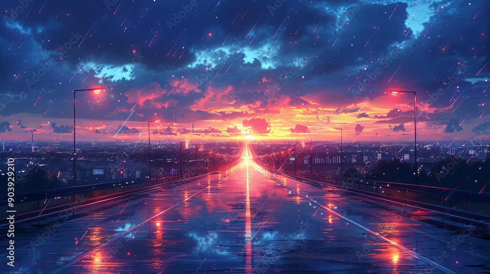 Φωτογραφία Highway in the city at night at sunset, reflections of light on the end of the r