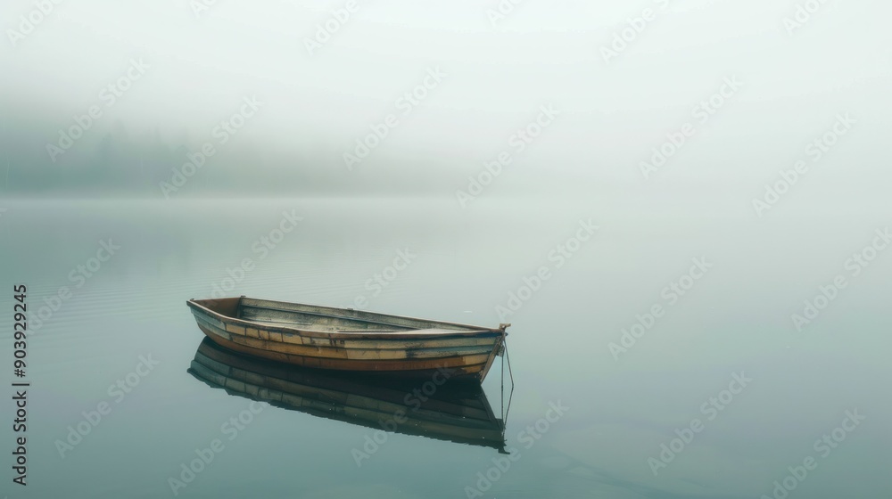 A peaceful scene of a serene lake where a small boat peacefully floats on the waters surface, Foggy morning on the lake with wooden boat ,Landscape ,A tranquil lake with a lone rowboat A peaceful scene of a serene lake where a small boat peacefully floats on the waters surface, Foggy morning on the lake with wooden boat ,Landscape ,A tranquil lake with a lone rowboat