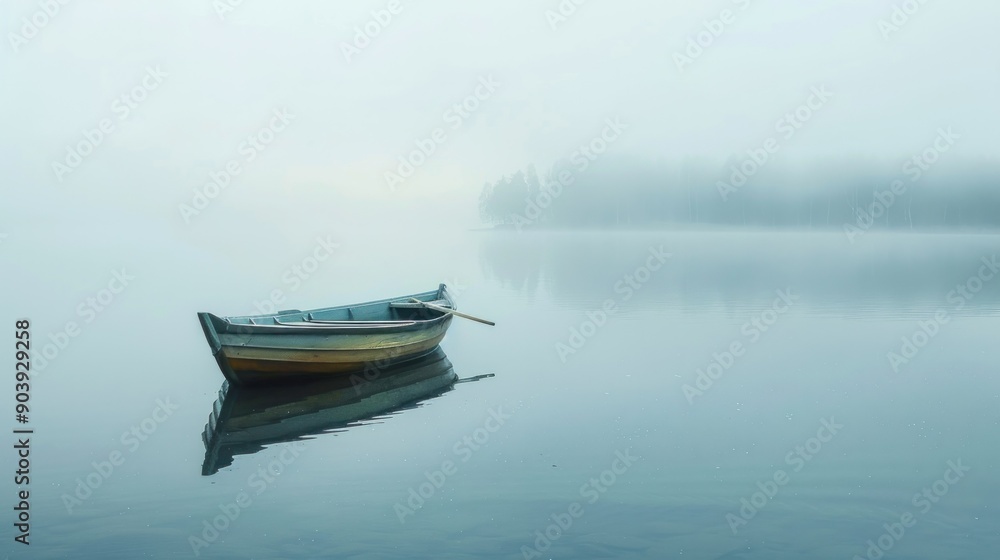 A peaceful scene of a serene lake where a small boat peacefully floats on the waters surface, Foggy morning on the lake with wooden boat ,Landscape ,A tranquil lake with a lone rowboat A peaceful scene of a serene lake where a small boat peacefully floats on the waters surface, Foggy morning on the lake with wooden boat ,Landscape ,A tranquil lake with a lone rowboat