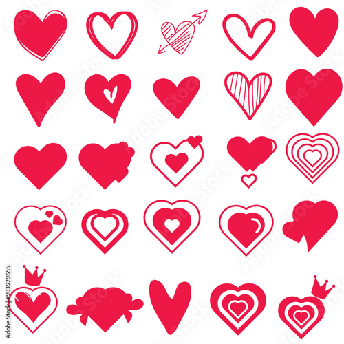 Collection of red hearts icon, Hand-drawn hearts. Vector symbol icon set. Red and white. illustration design.