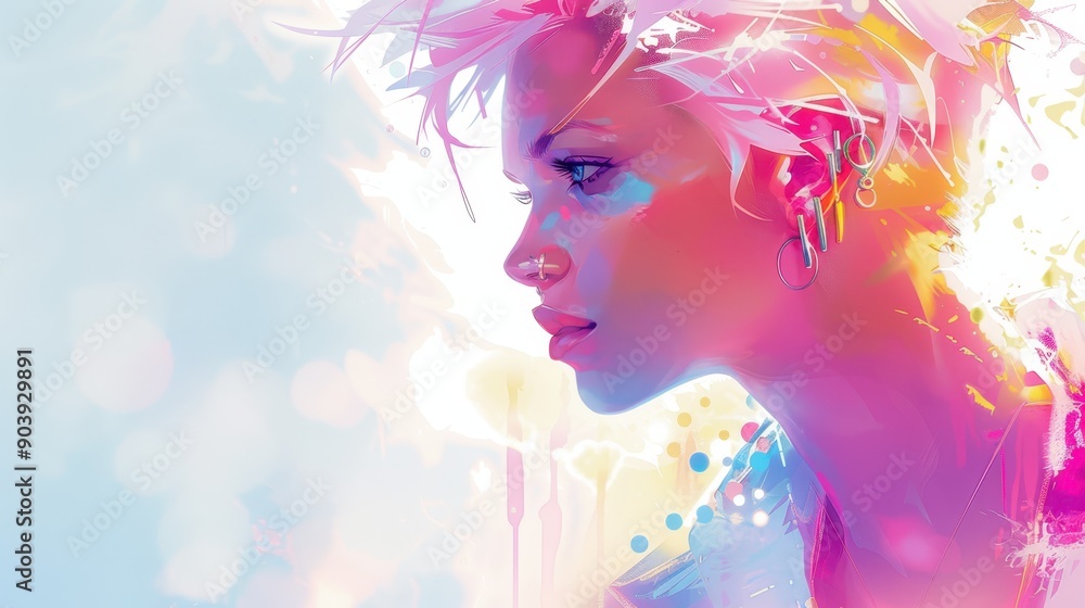 Digital illustration of a woman with abstract colorful background, creating a vibrant and artistic portrait. Digital illustration of a woman with abstract colorful background, creating a vibrant and artistic portrait.