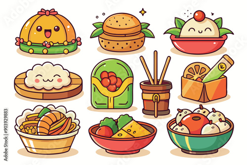 A set of Asian food icons featuring a cartoonish, white background.