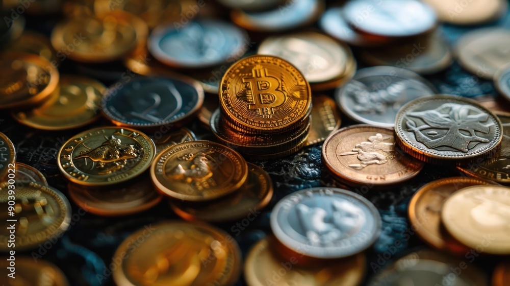 A pile of coins and a gold coin on top of them. The coins are scattered around the gold coin, creating a sense of abundance and wealth A pile of coins and a gold coin on top of them. The coins are scattered around the gold coin, creating a sense of abundance and wealth
