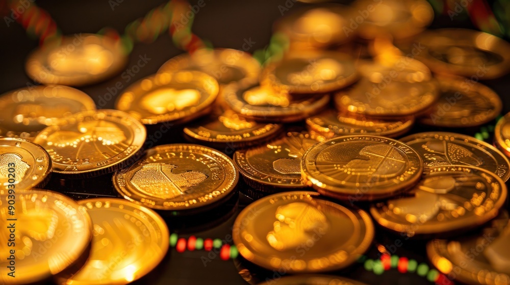 A pile of coins and a gold coin on top of them. The coins are scattered around the gold coin, creating a sense of abundance and wealth A pile of coins and a gold coin on top of them. The coins are scattered around the gold coin, creating a sense of abundance and wealth