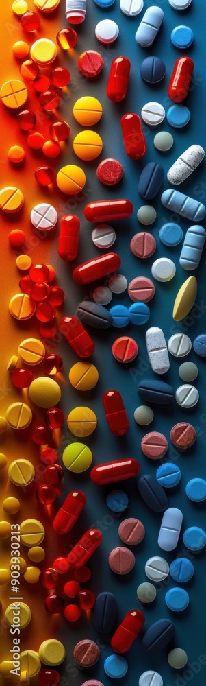 Several different colored pills are arranged on a blue surface, medicine Several different colored pills are arranged on a blue surface, medicine