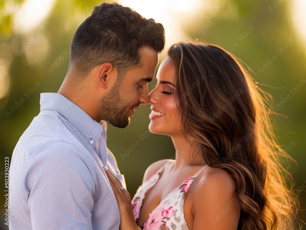 Couple sharing an intimate moment outdoors in sunset light