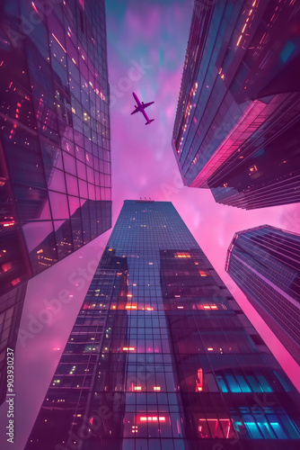 A modern city with high-rise buildings and a flying plane in pink colors