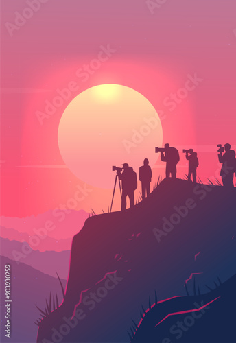 Photographers capturing sunset on mountain silhouette landscape vibrant colors nature scene