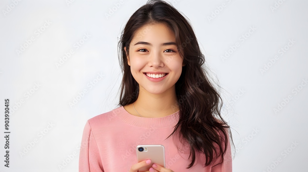 Happy Asian woman using smartphone. Vibrant and engaging technology concept Happy Asian woman using smartphone. Vibrant and engaging technology concept