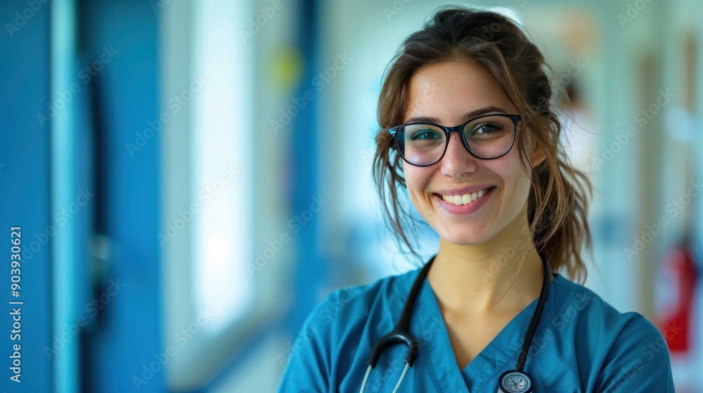 A portrait of an attractive female doctor smiling and wearing glasses standing in the hospital corridor A portrait of an attractive female doctor smiling and wearing glasses standing in the hospital corridor
