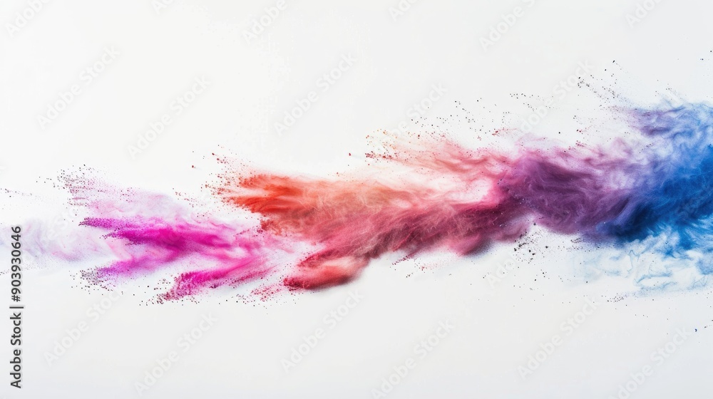 Colorful powder frozen in motion on white surface Colorful powder frozen in motion on white surface