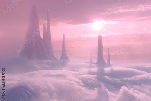 Alien landscape with clouds and rocks in pink light