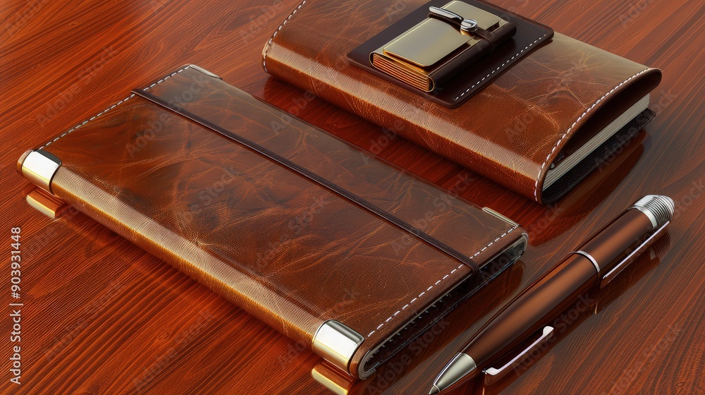 A 3D rendering of a sophisticated business gift set including a pen, business card holder, and a leather notebook, arranged neatly on a polished wooden surface. A 3D rendering of a sophisticated business gift set including a pen, business card holder, and a leather notebook, arranged neatly on a polished wooden surface.