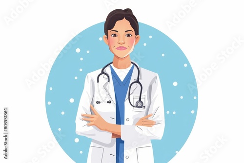 Confident male doctor with arms crossed standing against a blue circular background symbolizing professionalism and healthcare services.