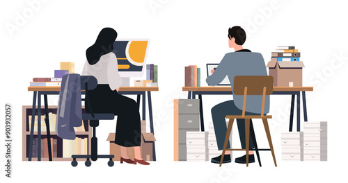 Office workers at desks busy workspace books computers. Illustration shows two people working at separate desks surrounded by books boxes. Modern office environment