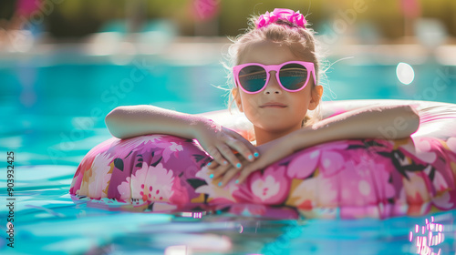 a kid girl swimming in an inflatable colorful pink pool ring in a clear blue poolwater on a family vacation photo