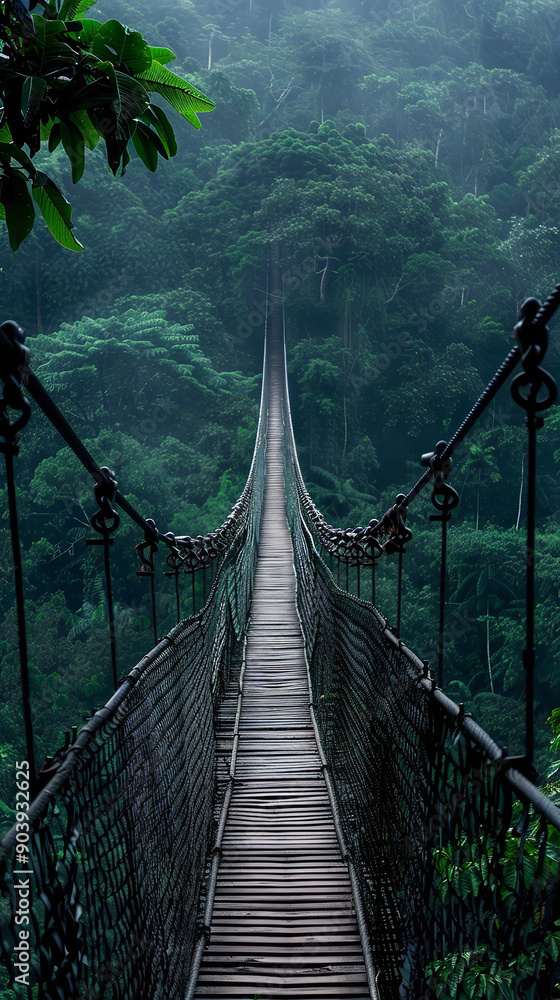 Distant View of a Rope Bridge Over Lush Forested Canyon  