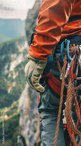 Climber Overlooking Mountains - Focus on Harness and Rope - Serene Backdrop 