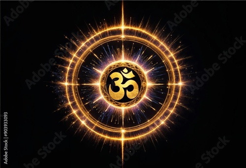 om symbol on black background with glowing lights