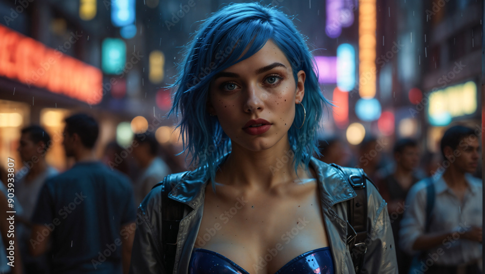 Fototapeta premium Cyberpunk Beauty: Futuristic Blue hair Woman Nightclubbing in Neon-lit Urban Night