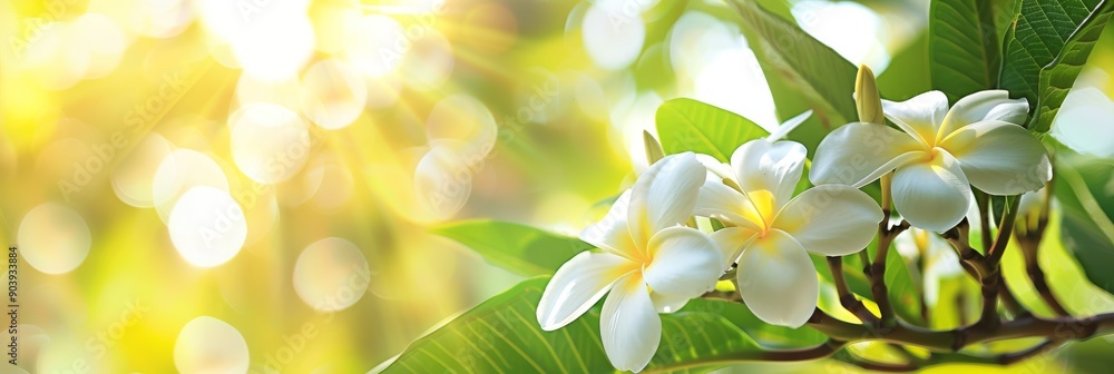 The stunning frangipani flowers, also known as plumeria, are basking beautifully in the warm sunlight, surrounded by vibrant and lush green leaves, creating a picturesque garden scene The stunning frangipani flowers, also known as plumeria, are basking beautifully in the warm sunlight, surrounded by vibrant and lush green leaves, creating a picturesque garden scene